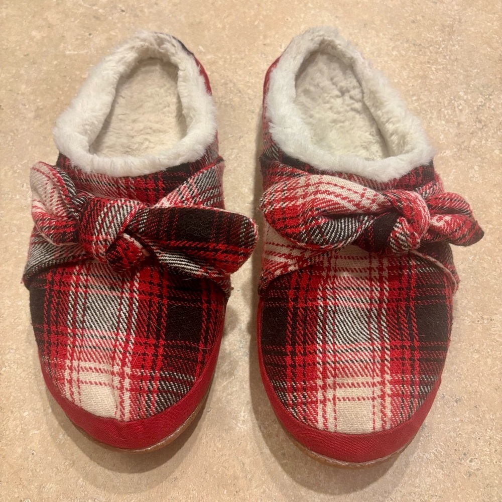 TOMS Ivy Red, White and Black Plaid Sherpa Slippers